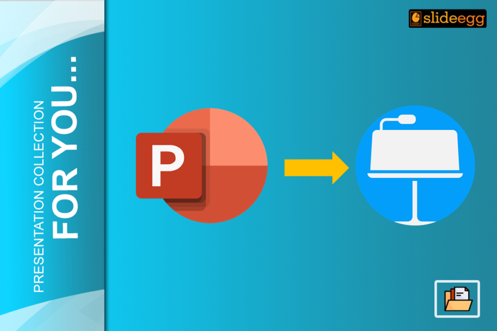 can you share a keynote presentation Visual representation of PowerPoint to Keynote conversion with a red ‘P’ icon, arrow, and Keynote podium icon.