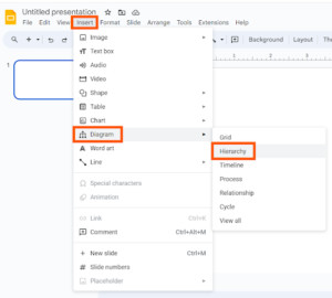 create best presentation Screenshot of the Google Slides interface, showing the "Insert" menu with the options Diagram > Hierarchy highlighted.