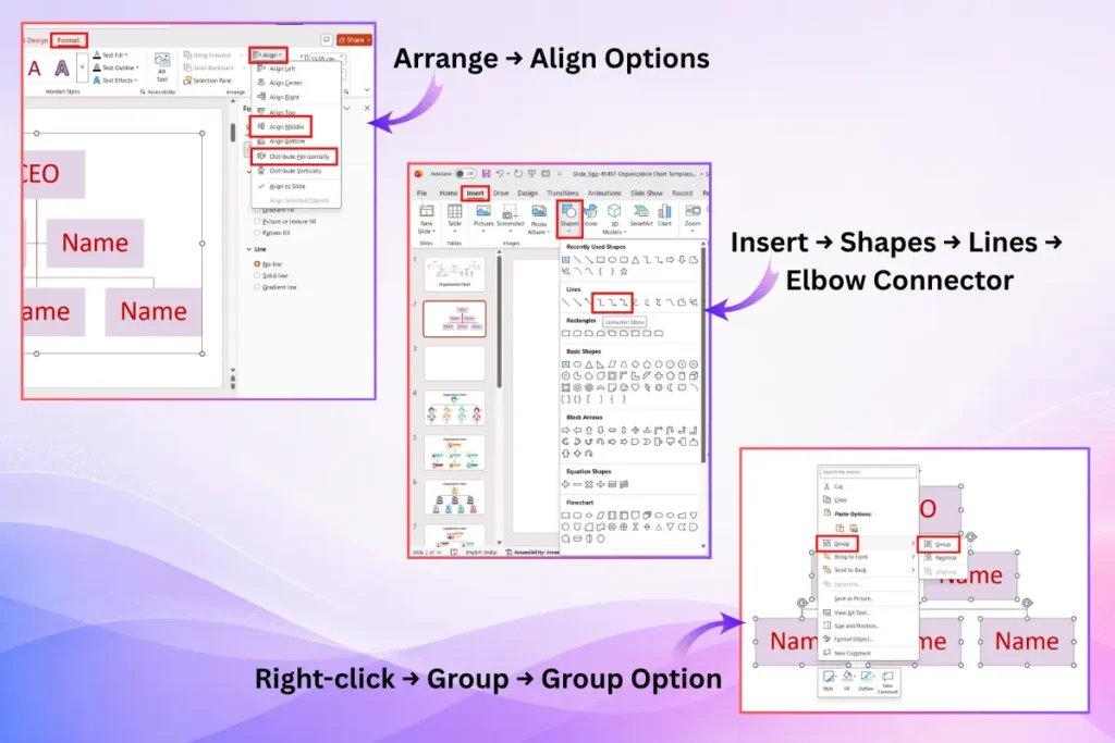 PowerPoint tools for aligning, connecting, and grouping shapes while building an organizational chart