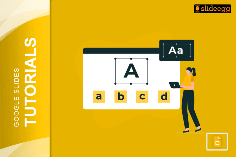slides in presentations Blog Banner Image: Woman using laptop with Google Slides open. "Aa" font options highlighted.