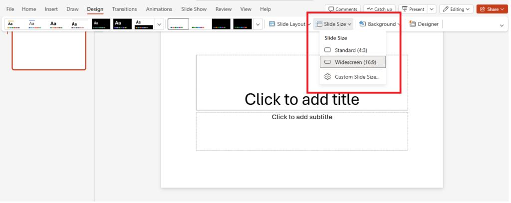 PowerPoint Design tab ribbon with the Slide Size button highlighted