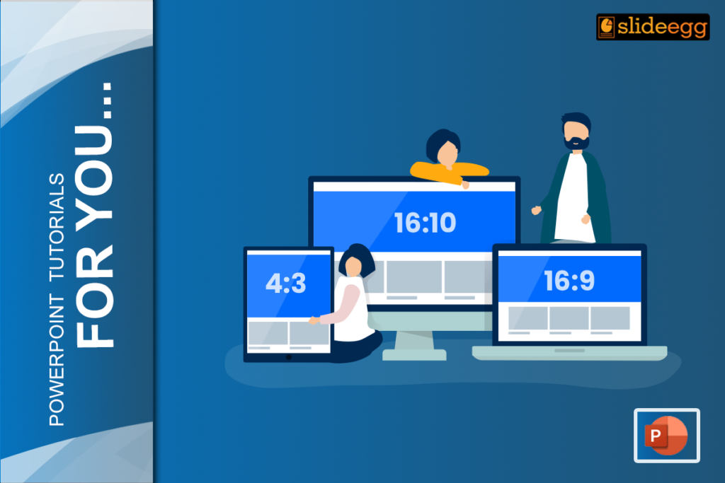 how to do presentation with powerpoint People working together on different devices with different aspect ratios, represents changing slide sizes in PowerPoint.