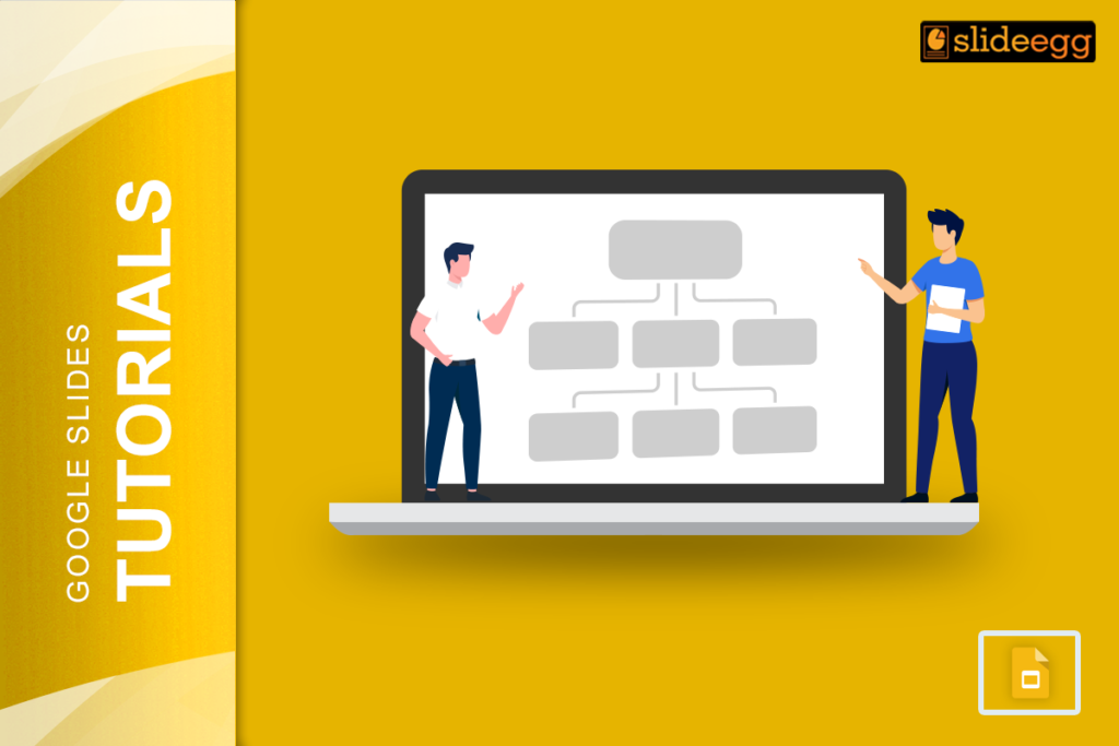 create a slide presentation Two people discussing a flowchart on a laptop screen. Banner of the blog 'tutorial on creating flowcharts in Google Slides.'