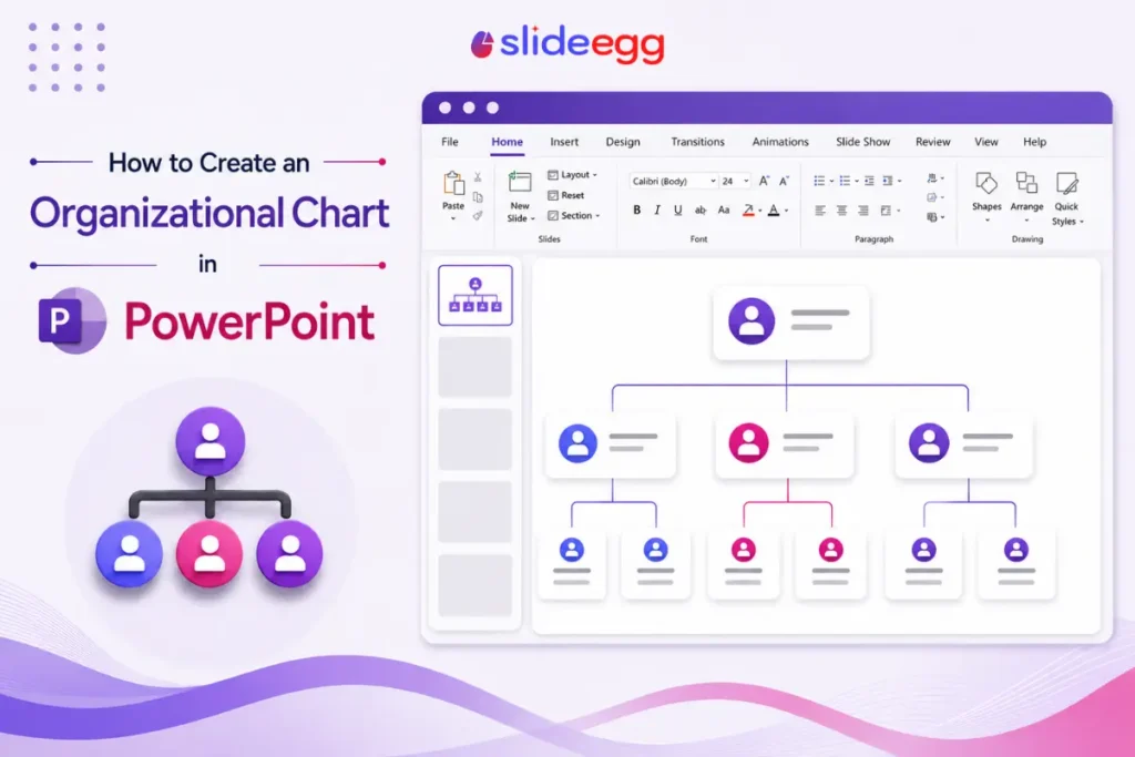 Guide to creating an organizational chart in PowerPoint using hierarchy layouts and editable elements