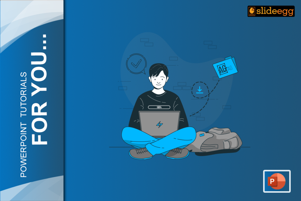 slide presentation view powerpoint A man sitting on the floor with a laptop, working on PowerPoint tutorials. There is a backpack and a folder icon nearby.
