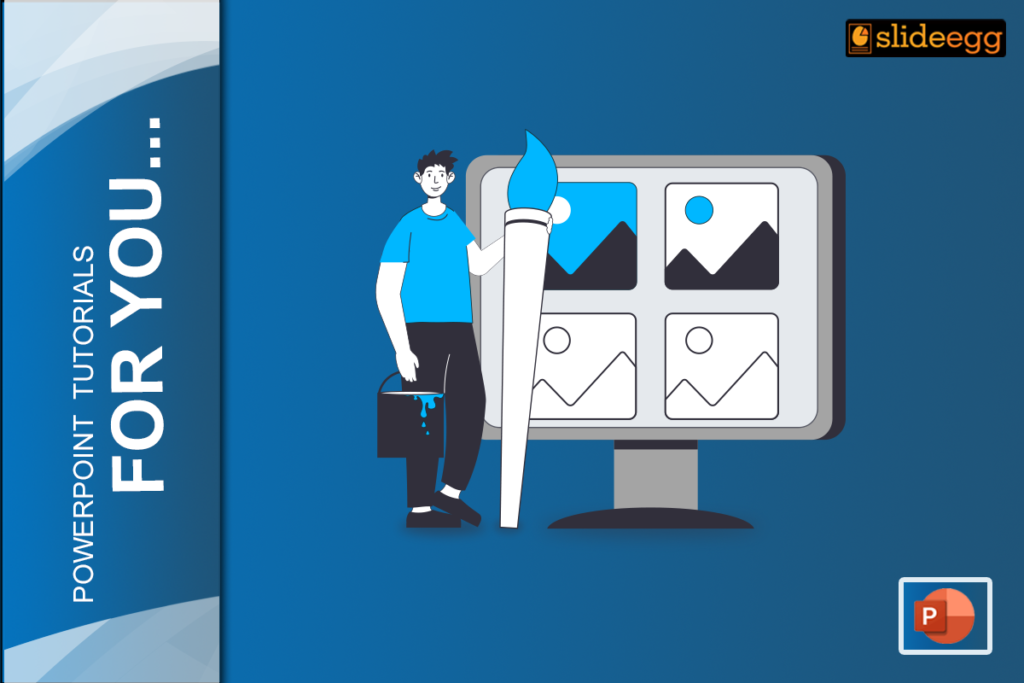 slides in powerpoint presentation A man holding a paintbrush and paint bucket, standing next to a computer screen showing editing images in PowerPoint.