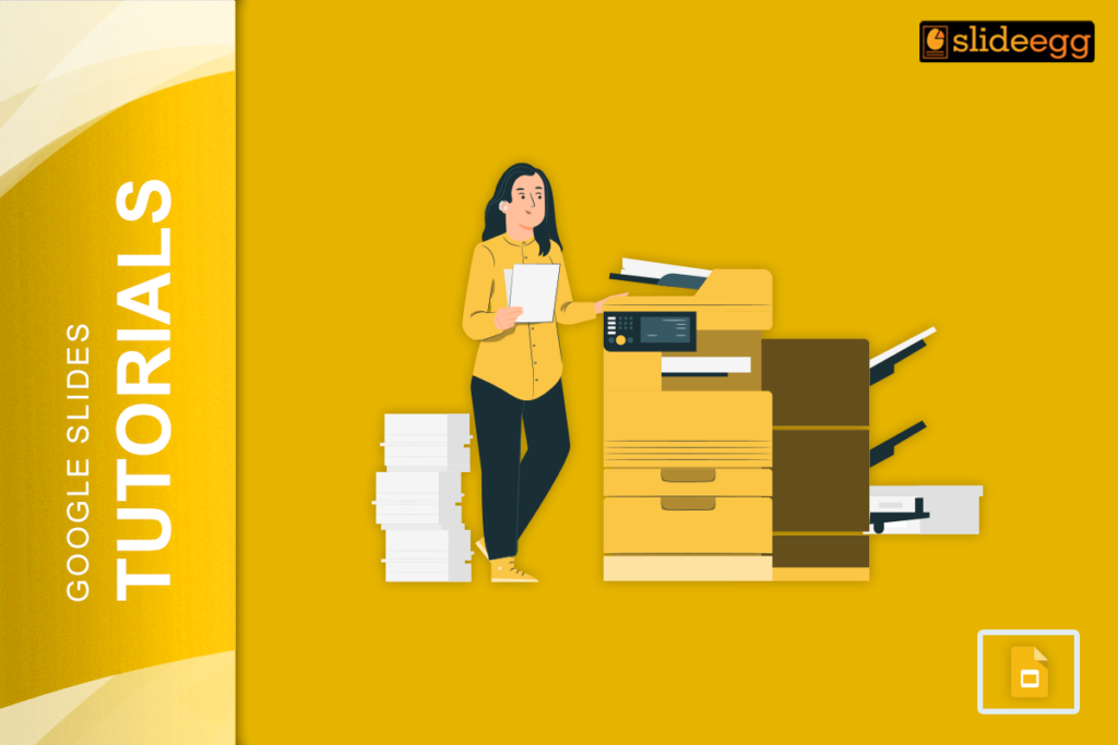 slide presentations rule Google Slides tutorial banner, showing a person printing a presentation.