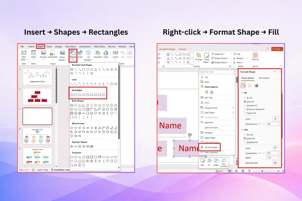 PowerPoint steps for inserting rectangle shapes and formatting fills while creating an org chart
