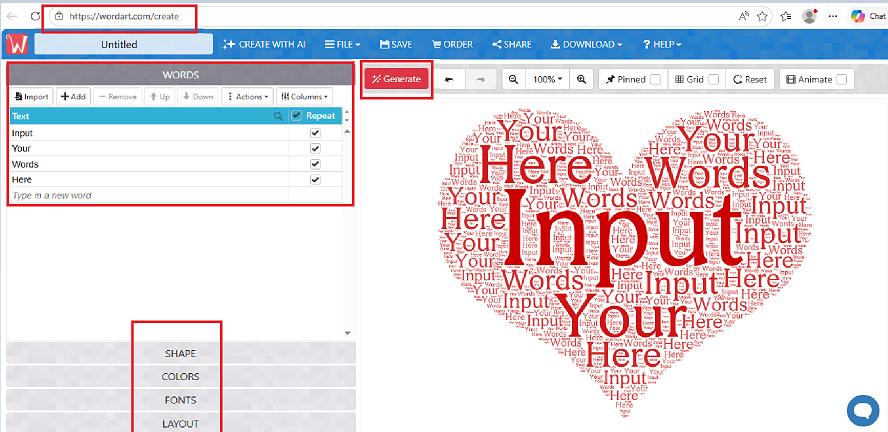 Wordart.com window with a sample multicolor word cloud. Words, Shape, Fonts, Layout, Style, & Visualize are highlighted. 