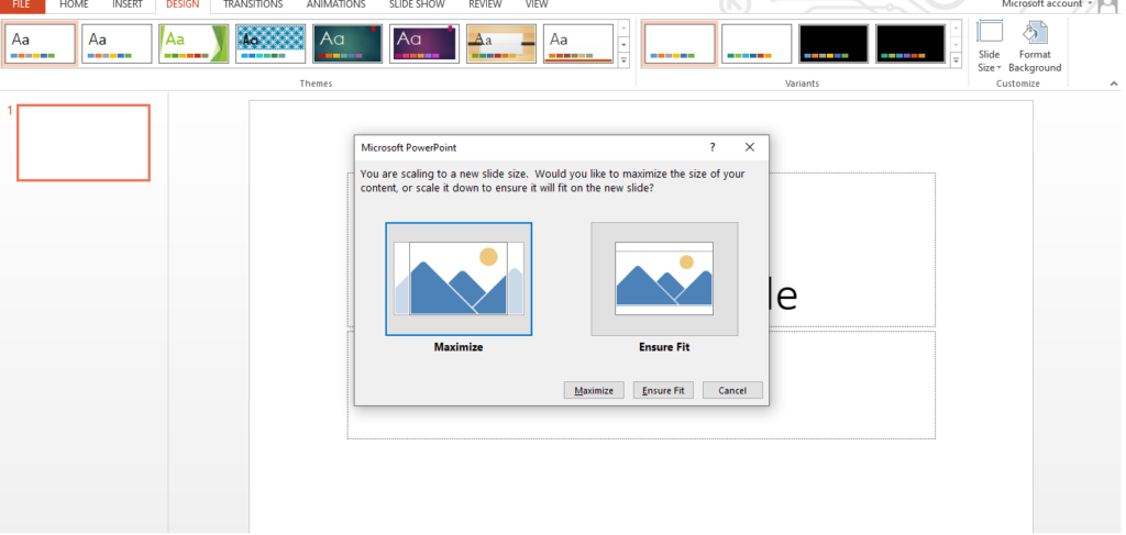 Microsoft PowerPoint' dialog showing the two buttons: 'Maximise' and 'Ensure Fit'