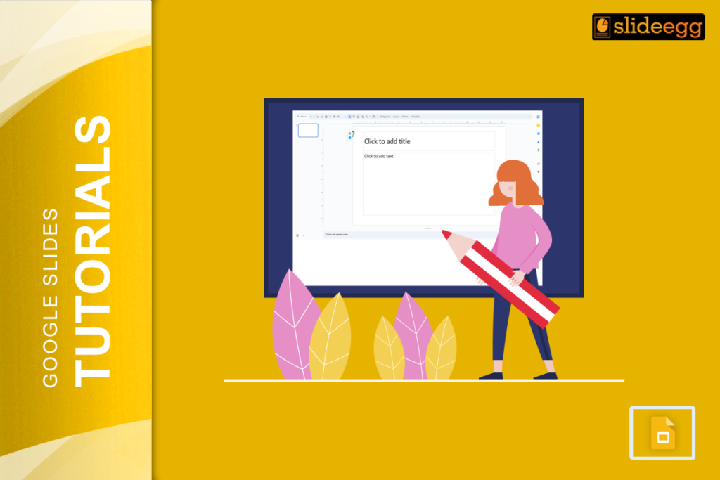 how to save canva presentation in google drive A woman holding a large pencil, standing in front of a computer screen showing a blank Google Slides presentation.