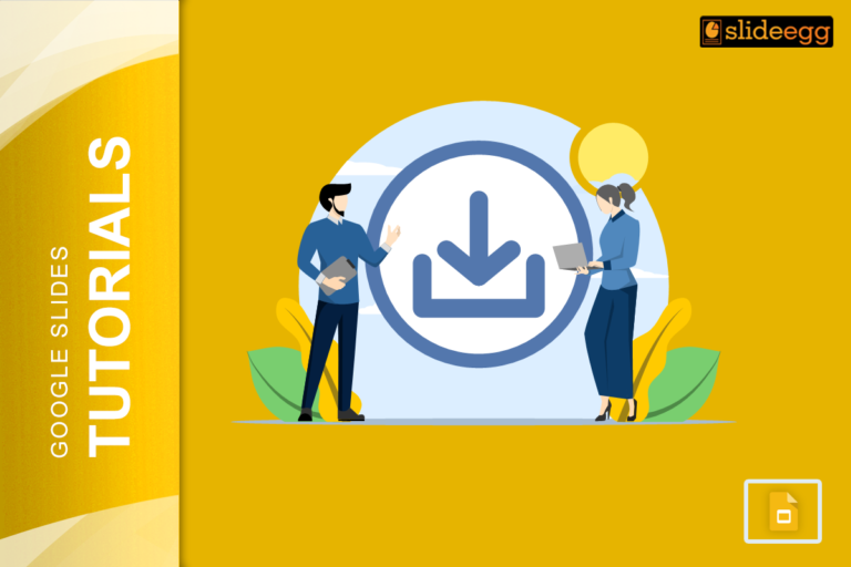 how to save canva presentation in google drive Two people discussing near a download arrow icon, with a laptop and a tablet.