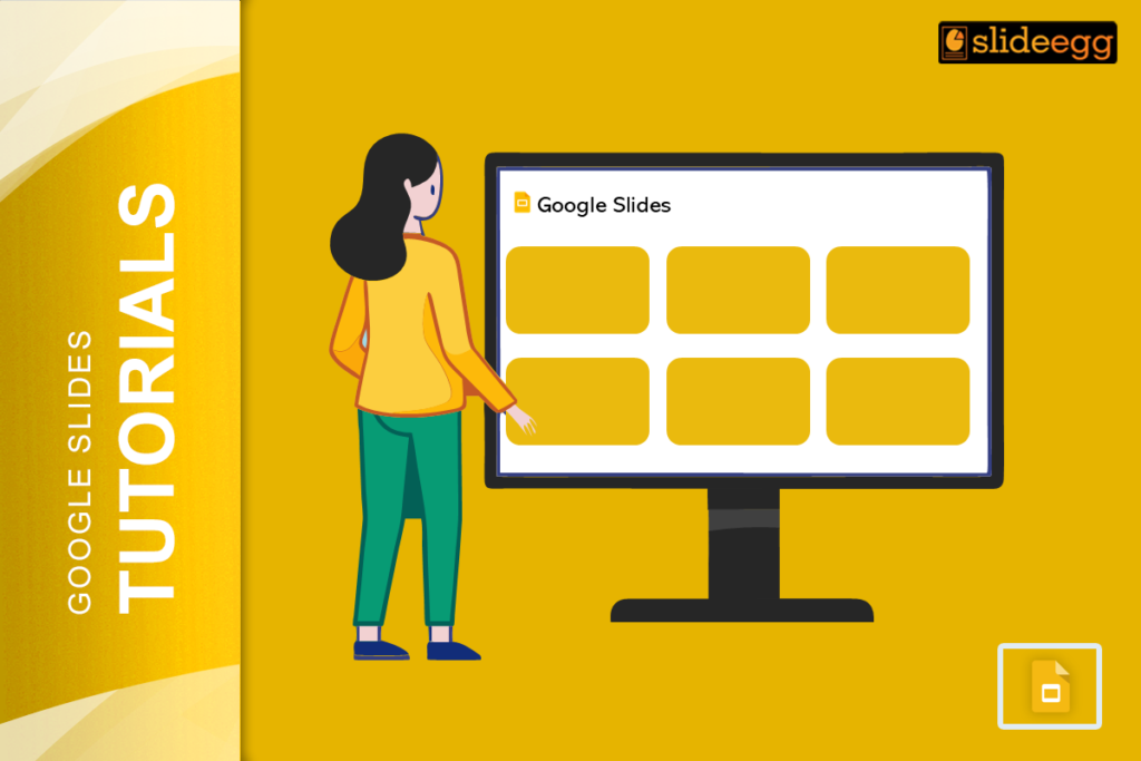 Google Slides Tutorials banner image showing a woman pointing at a computer screen with multiple slides selected.