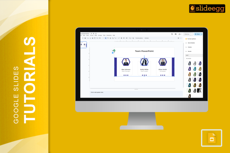 Banner showing the process of recoloring an image in Google Slides, with a computer screen displaying image editing tools.