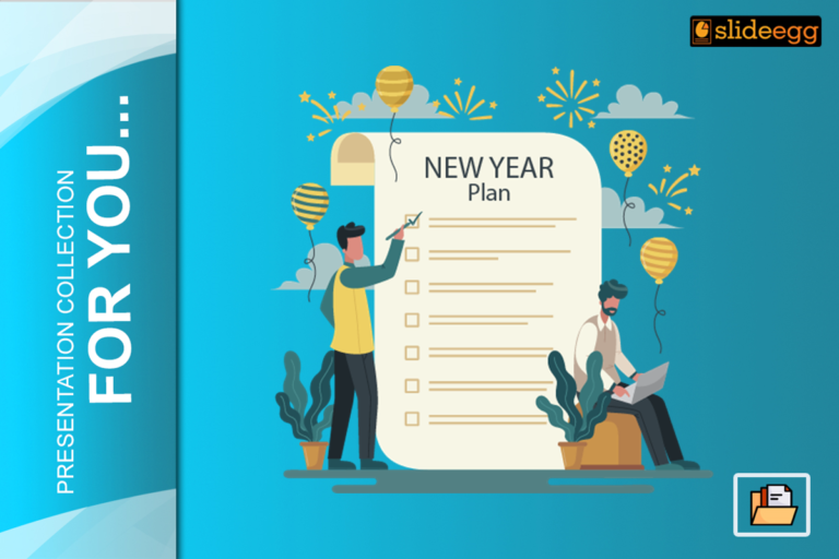 New Year-themed slide with a checklist, balloons, fireworks, and two characters planning, set against a bright blue background.