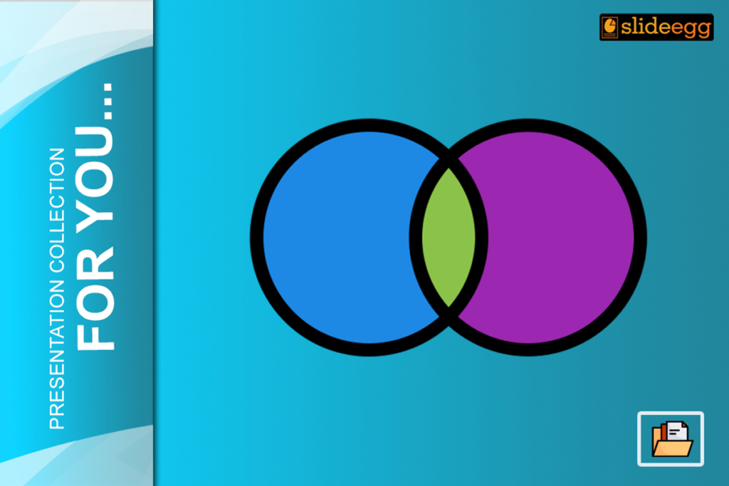 Creative Venn diagram PowerPoint template featuring two overlapping circles in blue and purple with a green intersection.
