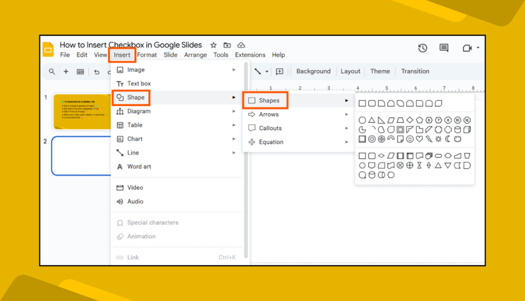 Insert → Shape Option in Google Slides