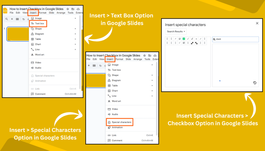 Insert → Text Box & Special Characters Options in Google Slides