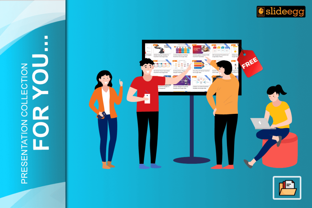 Students exploring free PowerPoint templates on a screen while working together, with a "FREE" tag highlighted.