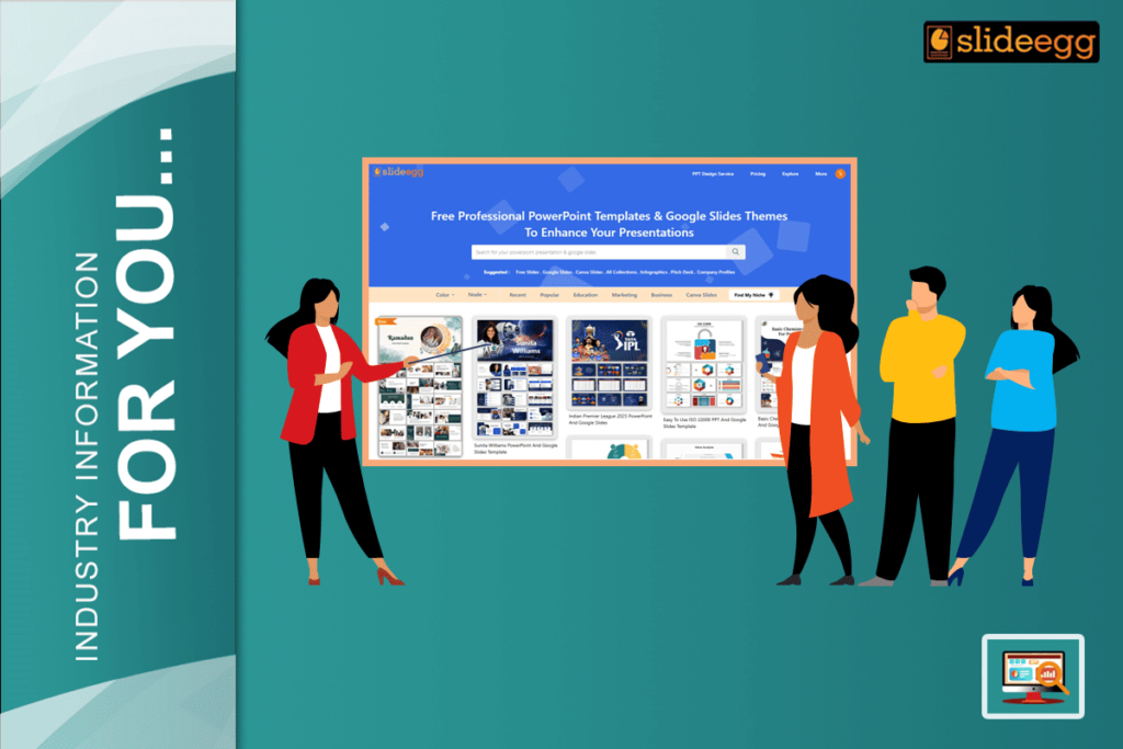 People viewing SlideEgg’s website on a screen, exploring free PowerPoint and Google Slides templates for professional use.
