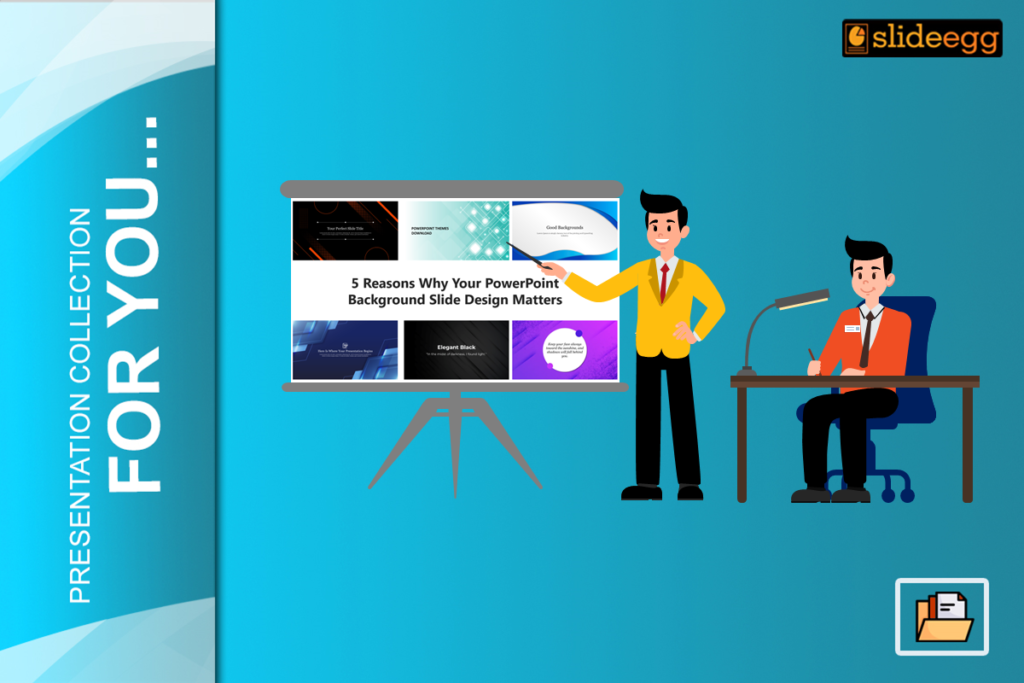 Two cartoon men presenting PowerPoint slide backgrounds on a screen with multiple creative template designs shown.