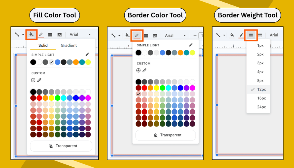 Fill Color, Border Color & Border Weight Tools in Google Slides