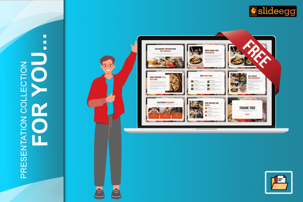 Image of a cheerful man pointing to a laptop screen displaying free PowerPoint slides for food business and restaurant menus.