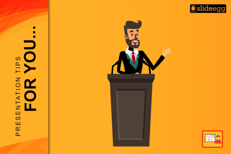 Cartoon man giving a presentation at a podium on an orange background with text saying "Presentation Tips For You