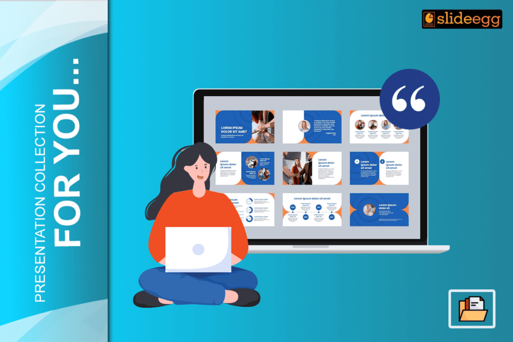 Woman sitting with a laptop in front of a screen displaying PowerPoint templates with quotes for impactful presentations.