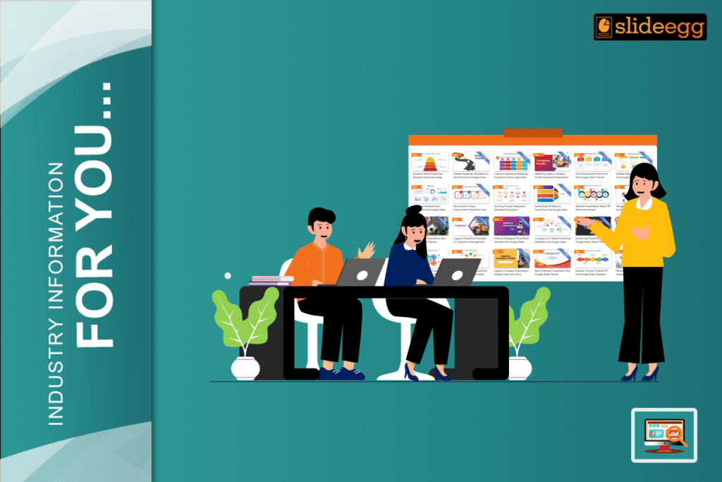 Students browsing free PowerPoint templates on SlideEgg for school projects in a digital classroom setting with a teacher.
