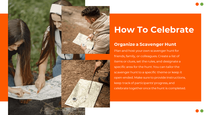 Group of people planning a scavenger hunt using maps in the forest with steps on how to organize and celebrate the activity