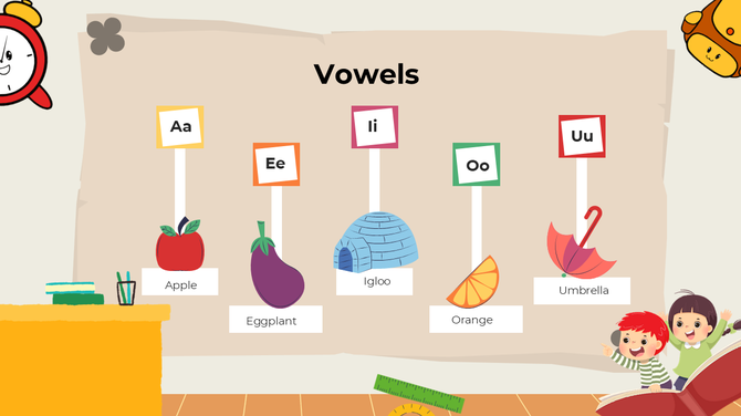 Colorful classroom chart teaching vowels with fun illustrations of apple, eggplant, igloo, orange, and umbrella for kids.
