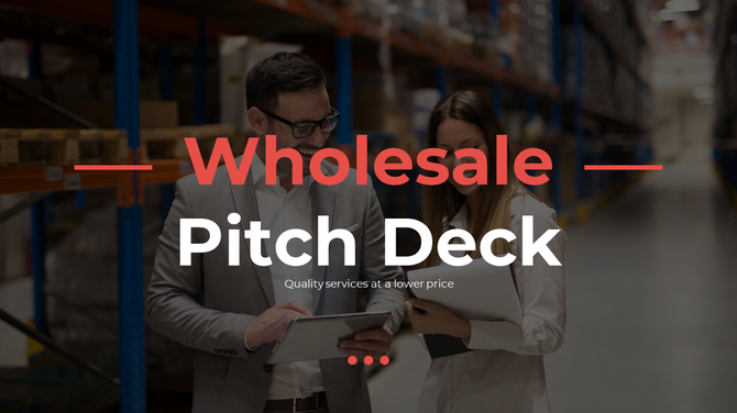 Professionals reviewing a tablet together in a warehouse with text overlay reading "Wholesale Pitch Deck" in bold font.