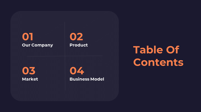 Slide showing Table of Contents with four sections: Our Company, Product, Market, and Business Model in a grid layout