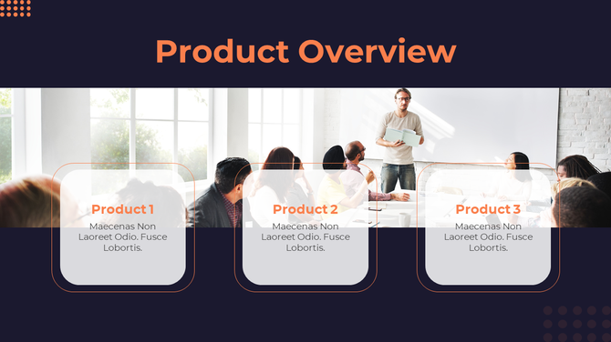 Slide titled Product Overview showing three team members presenting Product 1, Product 2, and Product 3 details.