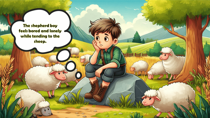 A bored shepherd boy sits on a rock surrounded by sheep, thinking about how lonely he feels while watching over them.