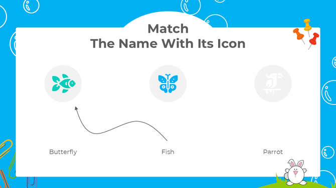 Fun matching game slide with a blue background, where kids match the word “Butterfly” to a fish icon by mistake.
