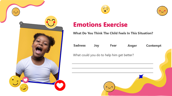A smiling child is shown for an emotions exercise asking students to identify feelings and suggest ways to offer support.