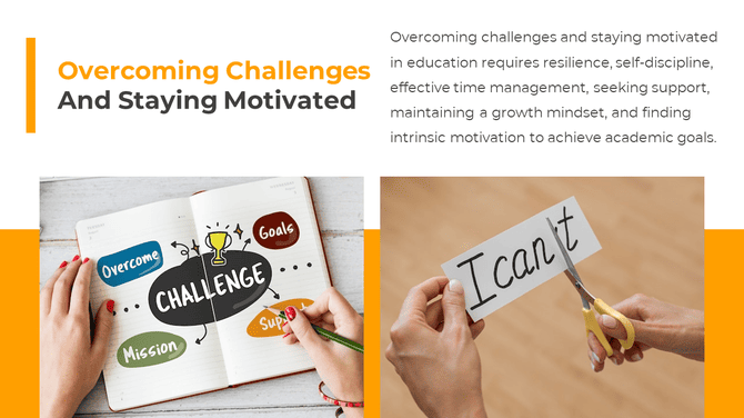 Notebook with words like "Overcome" and "Challenge" and a hand cutting "I can't" to "I can," symbolizing motivation and mindset.