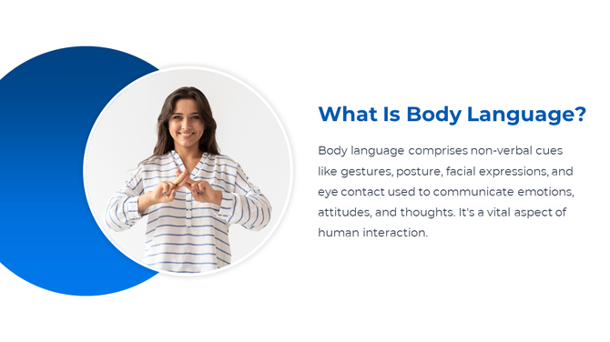 Woman demonstrating hand gestures with a smile, illustrating body language as a key form of non-verbal communication.