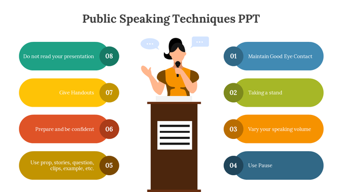 Illustration of a woman at a podium with eight colorful tips on effective public speaking techniques and delivery.