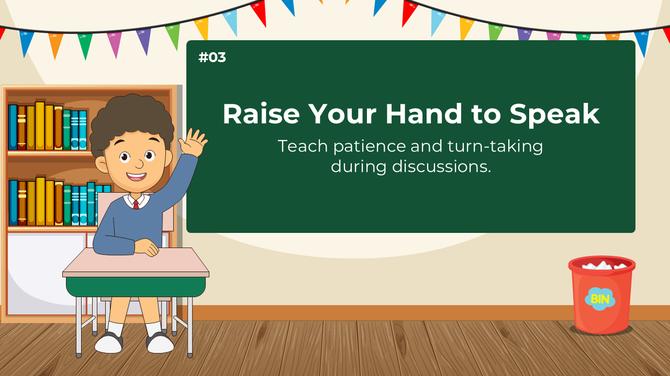 A young student raises his hand in a colorful classroom, promoting patience and turn-taking with the rule “Raise Your Hand.”