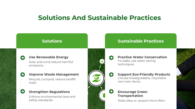 Sustainable solutions and eco-friendly practices for environmental protection shown in a two-column layout