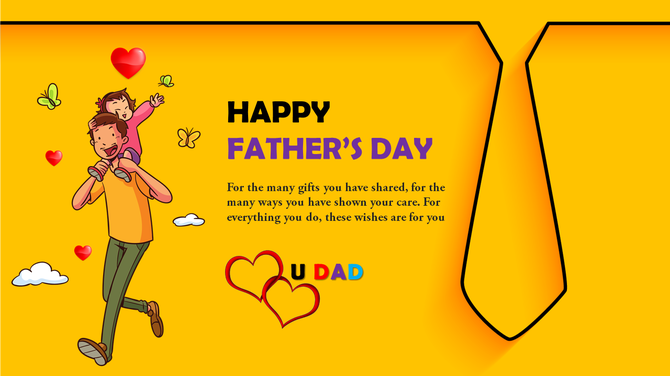 Father’s Day greeting with dad carrying child, heart icons, and a tie design on a bright yellow background.