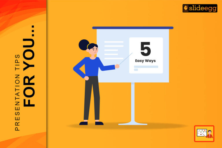 Woman giving a presentation with a slide titled "5 Easy Ways" on a bright orange background with SlideEgg branding.