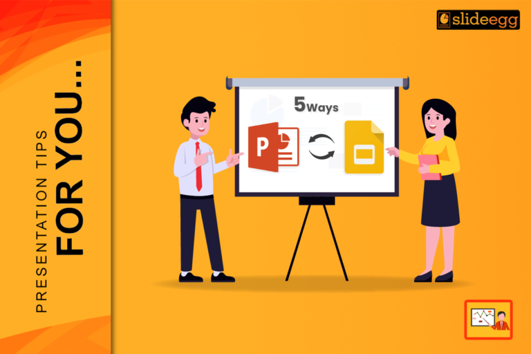 Two presenters standing beside a screen showing PowerPoint and Google Slides icons with “5 Ways” to improve presentations.