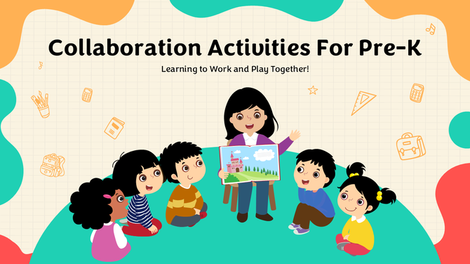 Illustrated slide showing a teacher reading to preschool kids with the title "Collaboration Activities For Pre-K" in bold