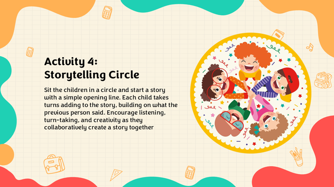 Illustrated activity slide showing kids in a storytelling circle with instructions for creative group play.