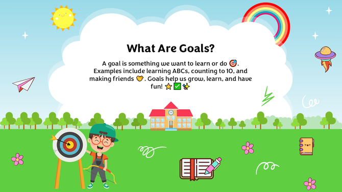 Fun and colorful goal-setting slide for kids with playful icons, a student aiming at a target, and simple examples of goals.