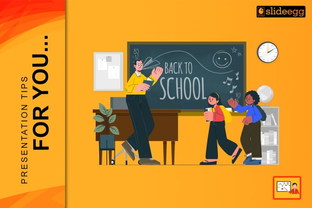 Teacher welcoming students back to school in a colorful classroom with a chalkboard and educational elements around.